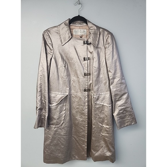 Trina Turk Jackets & Blazers - Vtg Trina Turk Women's Sz 10 Silver Clip Closure Pearlized Linen Trench Raincoat